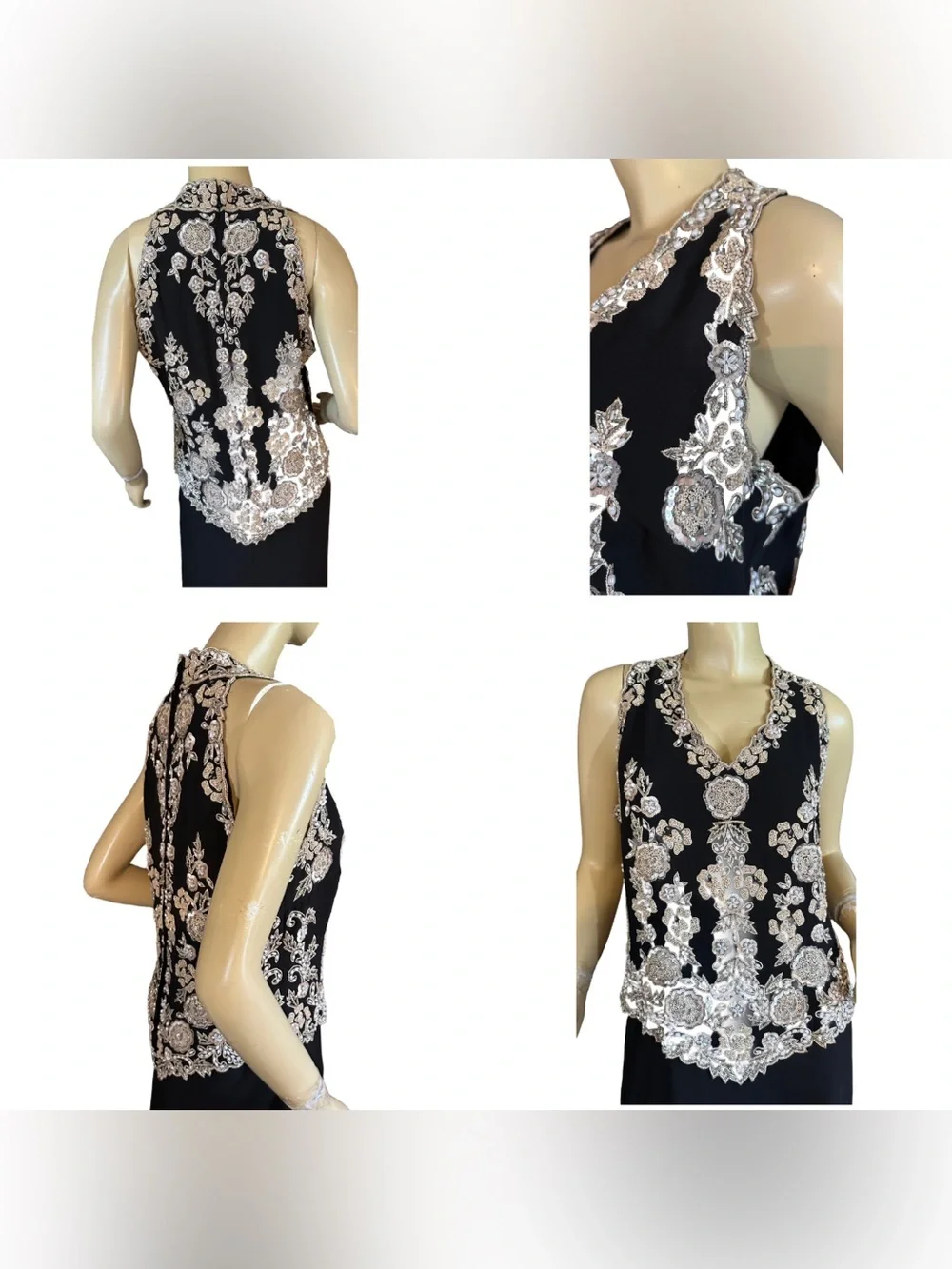 JKARA BLACK & CREAM BEADED BODICE W/BLACK CHIFFON SKIRT EVENING DRESS  (10)